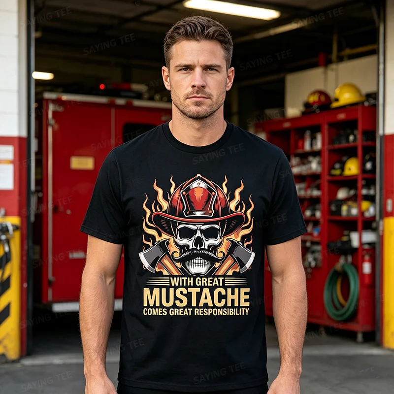 Firefighter Mustache Skull Hero Flame Axes First Responders T-Shirt Y2k Rugged Skeleton Art Graphic Men Clothes Firehouse Tee