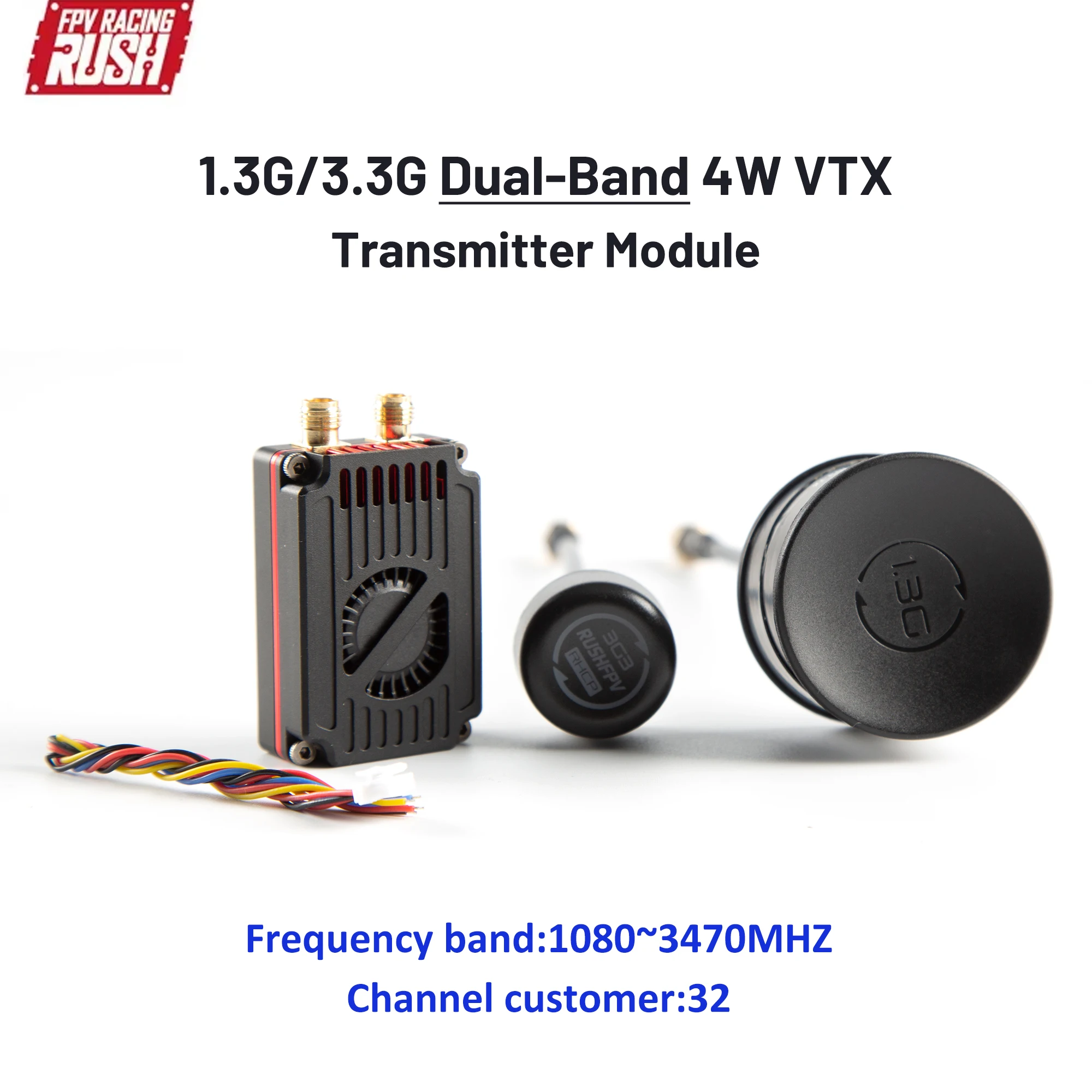 

RUSHFPV 1.3G/3.3G DUAL BAND 2,5 Вт/4 Вт VTX Модуль видео-аудио передатчика высокой мощности с двойной антенной для RC FPV Дрон дальнего действия