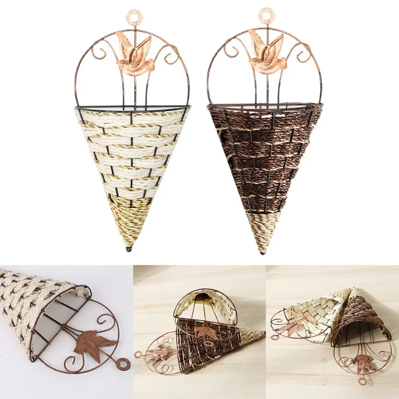 Natural Rattan Wall Planter Hanging Flower Pot Hanger Flower Basket Vase BoxMetal Plant Hang Baskets Home Garden Wall Decoration