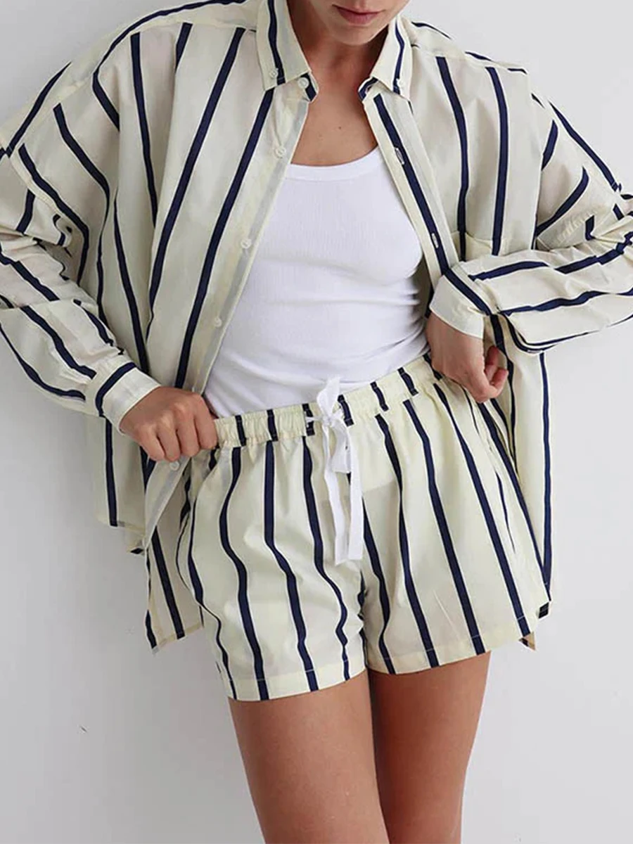 New Fashion Striped Print 2 Piece Sets Women Outfit Elegant Long Sleeve Casual Shirts And Short Sets Sets Y2k Clothes Streetwear