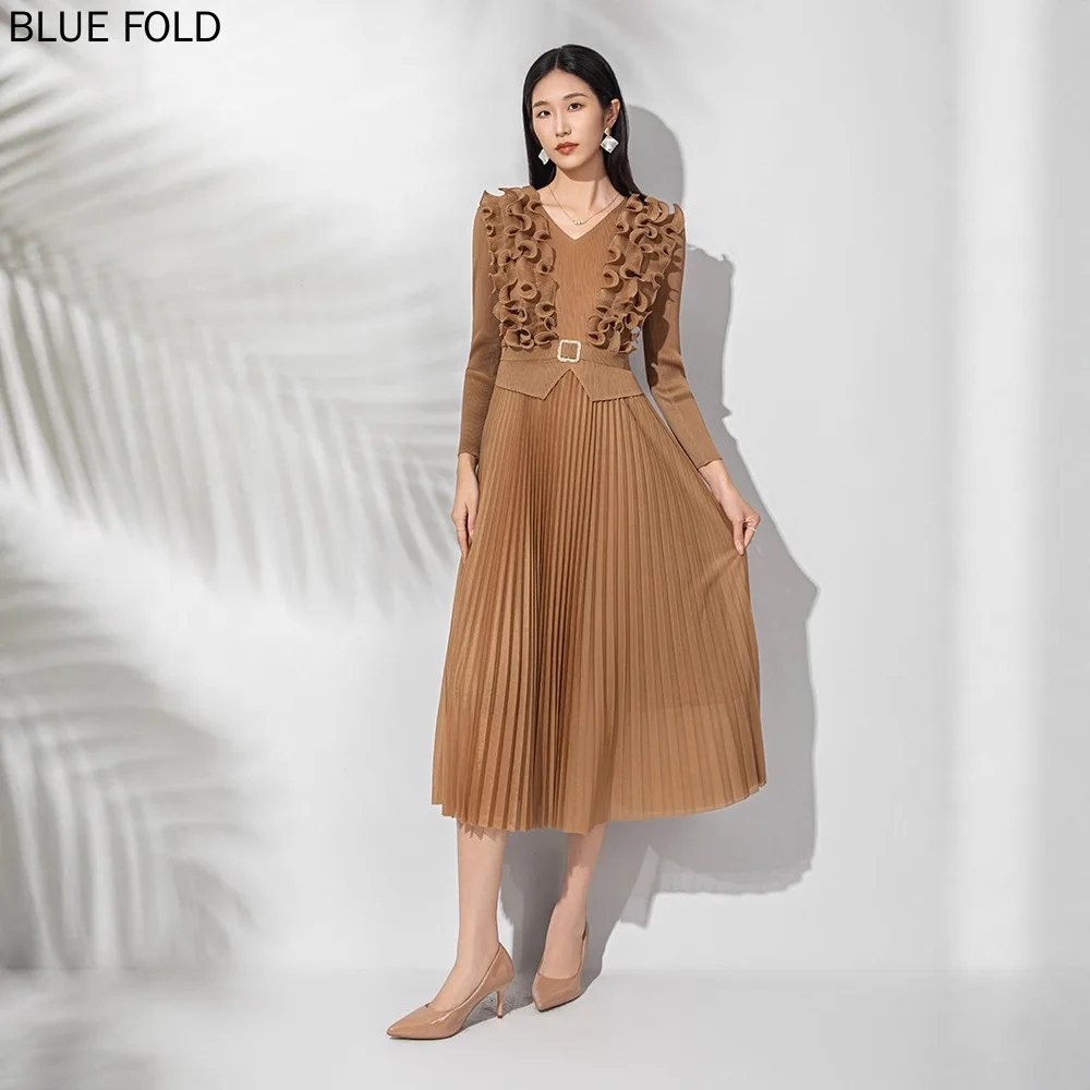 MIYAKE Primavera/otoño cuello en V volantes recortados cintura definida adelgazamiento versátil elegante Vestido plisado plisado Vestido