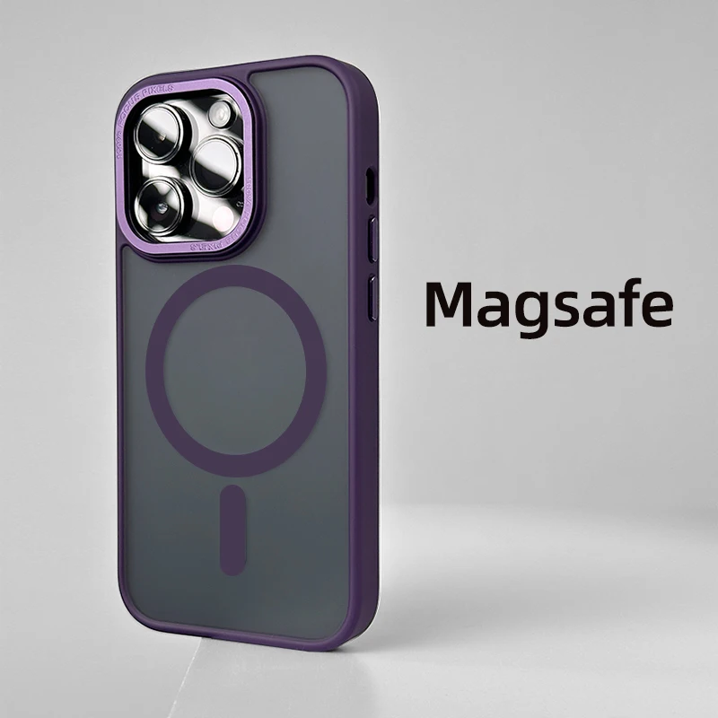 Luxury Shockproof Matte Translucent Phone Case For iPhone 15 14 13 12 Pro Max Metal Lens Magnetic Magsafe Cellphone Funda Cover