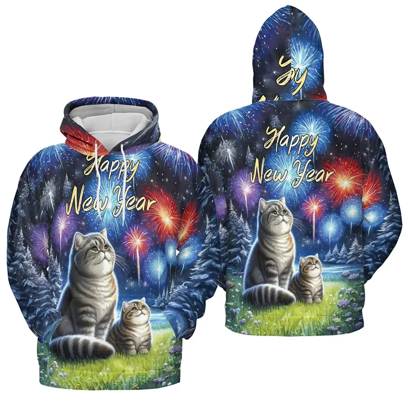 2025 HAPPY New Year 3D Printing Hoodies Colorful Firework Graphic Hooded Sweatshirts Women Fashion Streetwear Pullovers Clothing