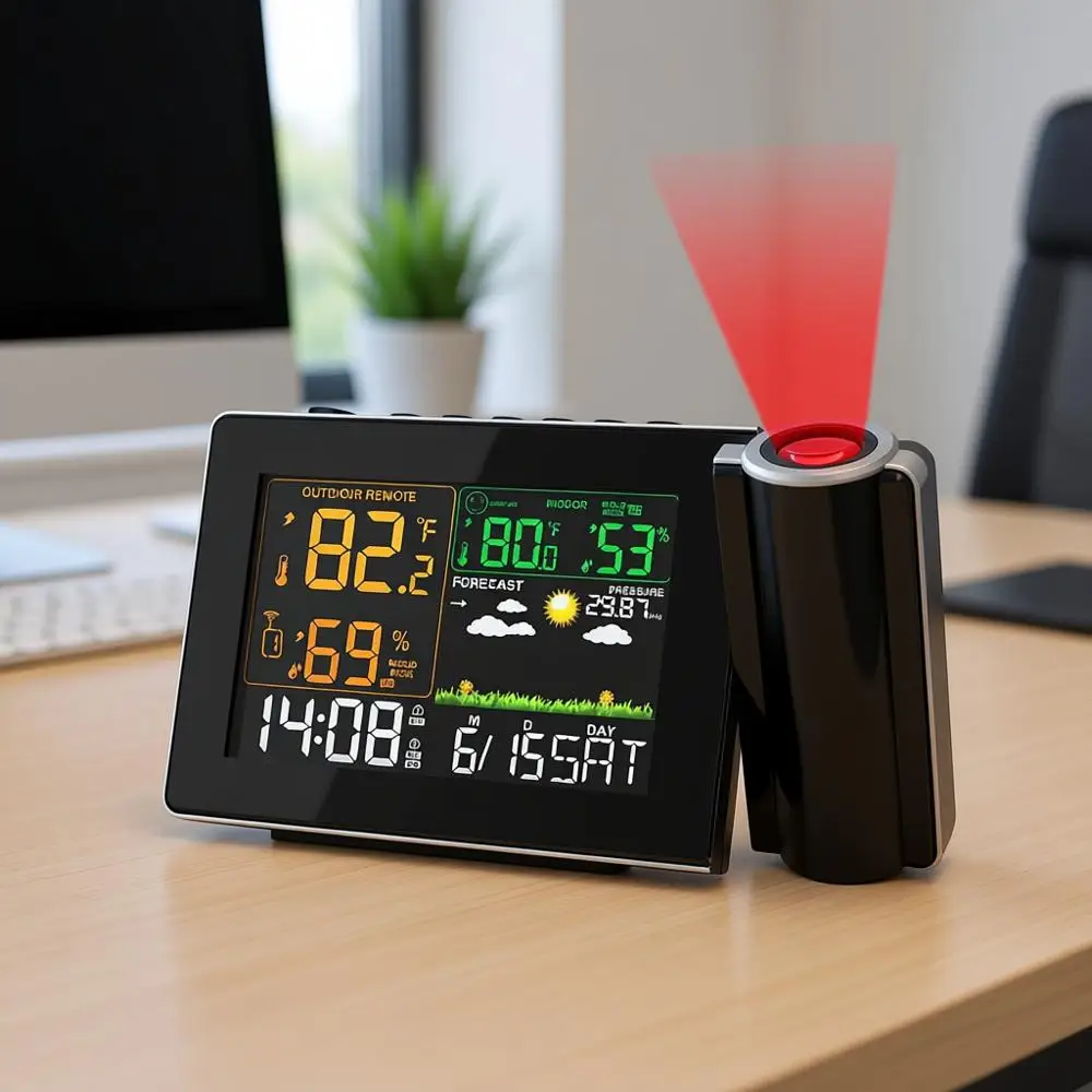 

Регулируемый проекционный будильник с монитором температуры и влажности, 180 ° Проектор, функция повтора сигнала, прогноз погоды, двойные будильники для B