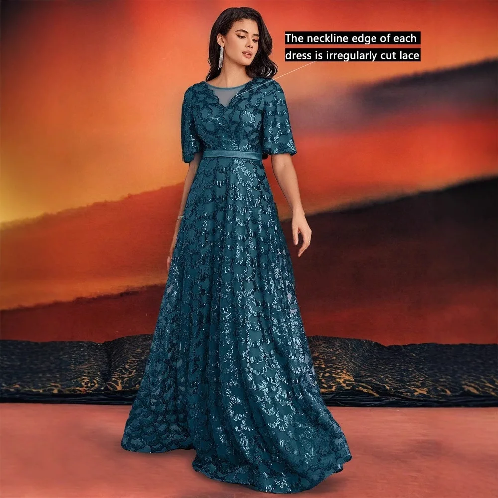 

Shiny Floral Lace Evening Dress Women Teal Asymmetrical Cut Lace Neck Mid Sleeve A Line Swing Gala Cocktail Gown