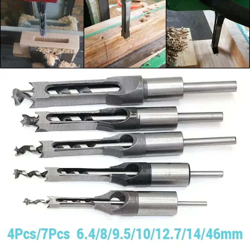 

4Pcs/7Pcs Square Hole Drill Bits Set 6.4/8/9.5/10/12.7/14/46mm Auger Mortising Chisel Drill DIY Woodworking Drill Hole Tools