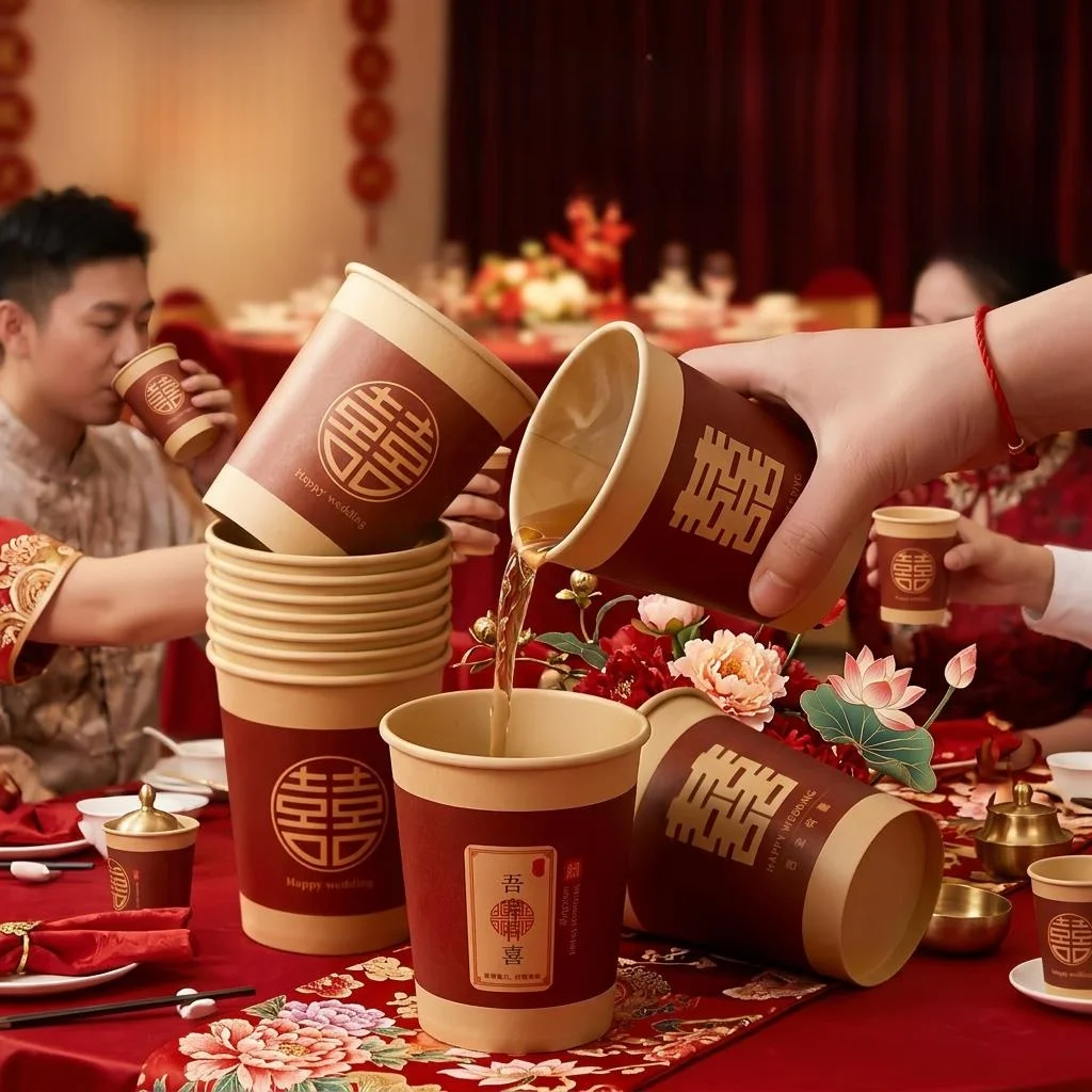 Vasos Desechables Rojos para Bodas, para Ceremonia de Té de Compromiso, Celebración de Mudanza, Suministros para Celebración de Bodas, Doble Felicidad