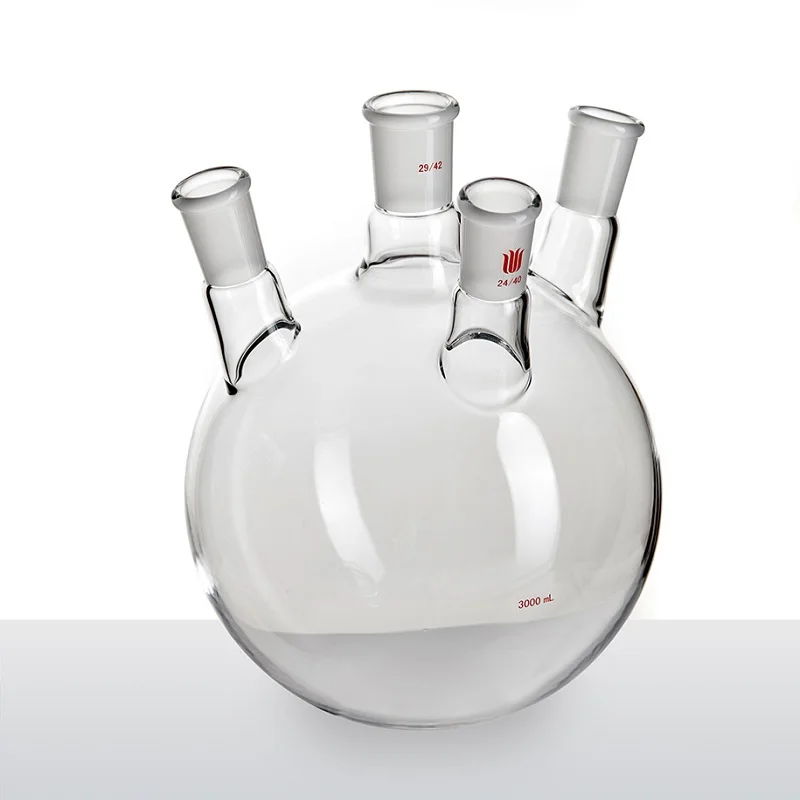 SYNTHWARE Thick walled oblique four necked bottle, Four-necked flask oblique shape, Capacity 3000mL, Borosilicate glass, F22