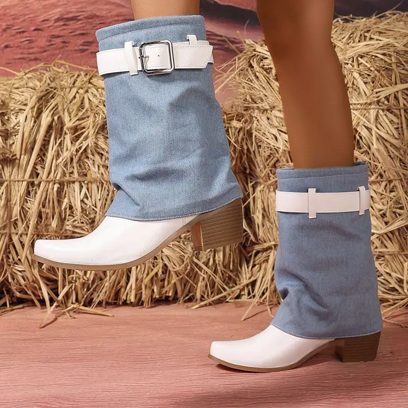 

Girseaby женские повседневные ботильоны до середины икры с квадратным носком и блочным каблуком без шнуровки с пряжкой на ремне, большие размеры 44-46, смешанные цвета, повседневный стиль