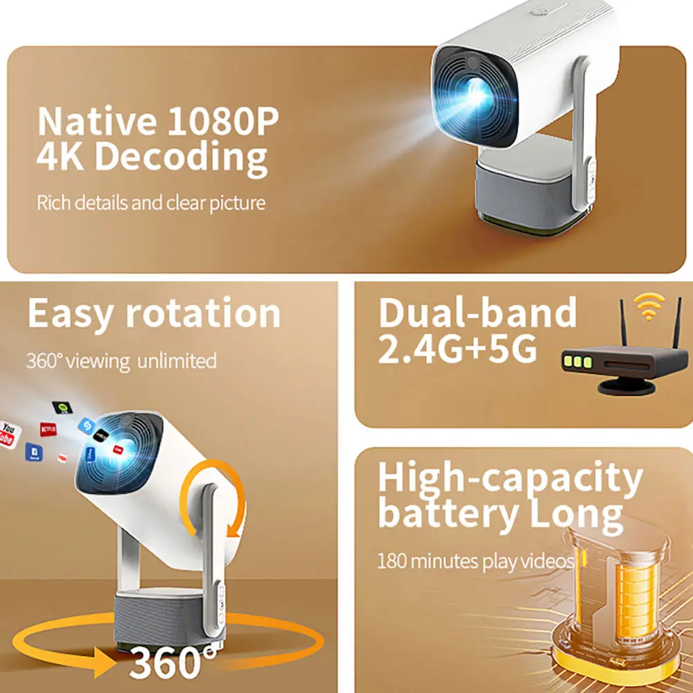 Yinzam K2 Android 11.0 Projector 300ANSI Native 1080P Max 4K Outdoor Projector Built-in Battery Auto Focus Mini Projectors