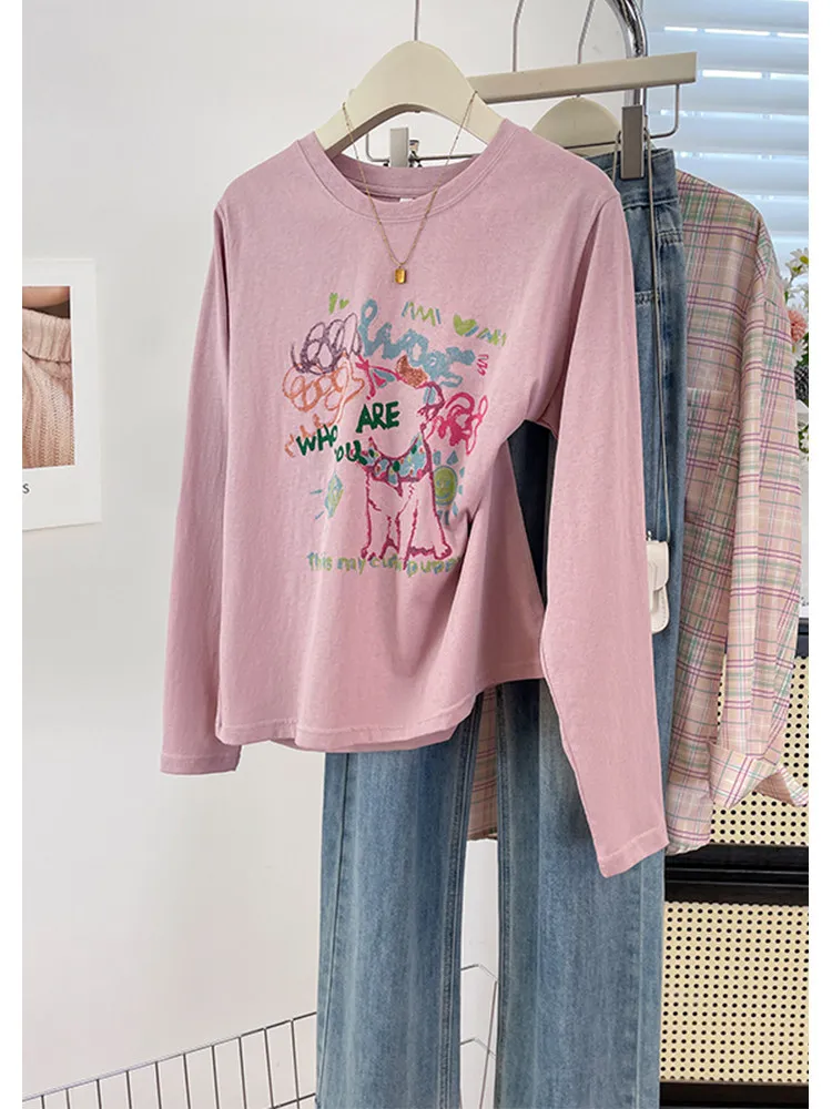 Artistic Graffiti Print Long Sleeve round Neck T-Shirt Lightweight Breathable Casual Base Shirt Trendy Top for Women