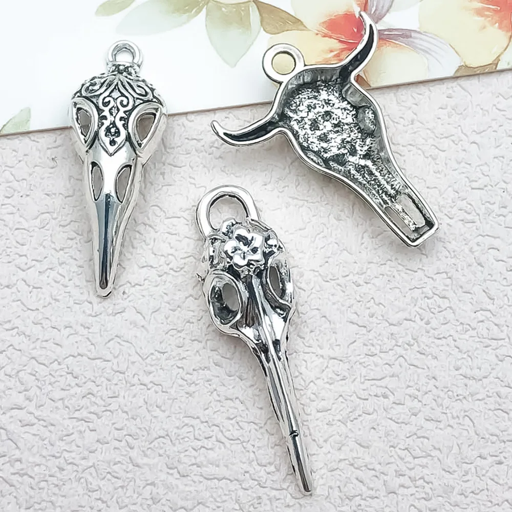 5/10Pcs Retro Skull Bird Head Bull Head Design Charms Alloy Halloween Decoration Pendants for DIY Jewelry Making Accessories