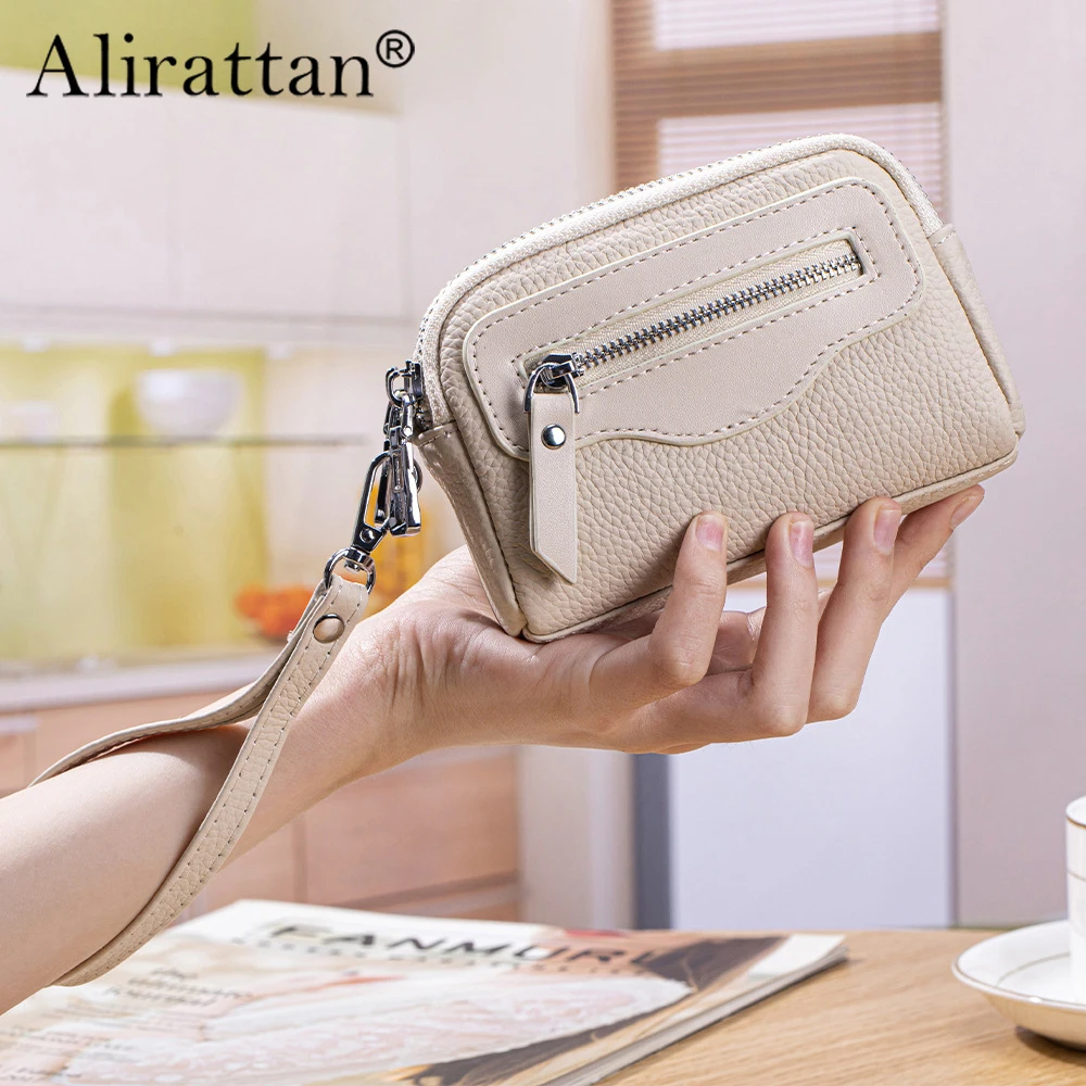 

Alirattan, новинка 2025, женская мини-сумка, простой кошелек на запястье, из воловьей кожи, большая вместительная многофункциональная сумка для монет с двойной молнией