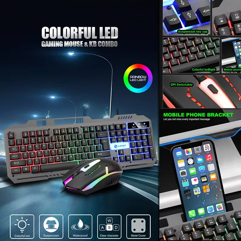 Imagem -04 - Metal Gaming Teclado e Mouse Combo Grupo Led Rgb Luminoso 104-key Teclado Gamer com Fio Notebook Laptop pc Desktop