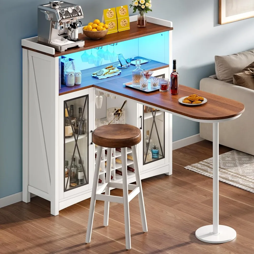 

Farmhouse Wine Bar Cabinet With Led Lights, 47" Coffee Bar Station W/bar Table, Wine Racks And Glass Holders,