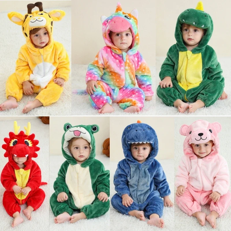 

Baby Animal Bodysuit Unisex Cartoon Pajamas Hooded Jumpsuits Cosplay Costumes Plush Crawling Suit Kids Homewear Romper