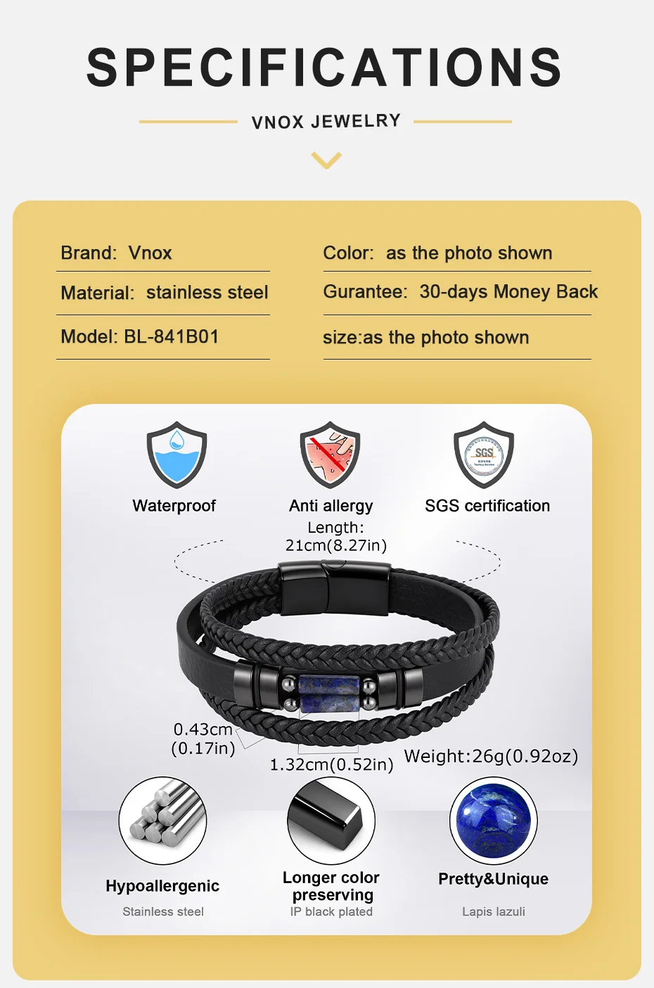 Vnox Herren-Lederarmband, Naturstein, Perlen, geflochten, mehrschichtig, Armband mit Magnetverschluss, Punk-Schmuck, Geschenk für Vater, Sohn, Ihn – Detail 4