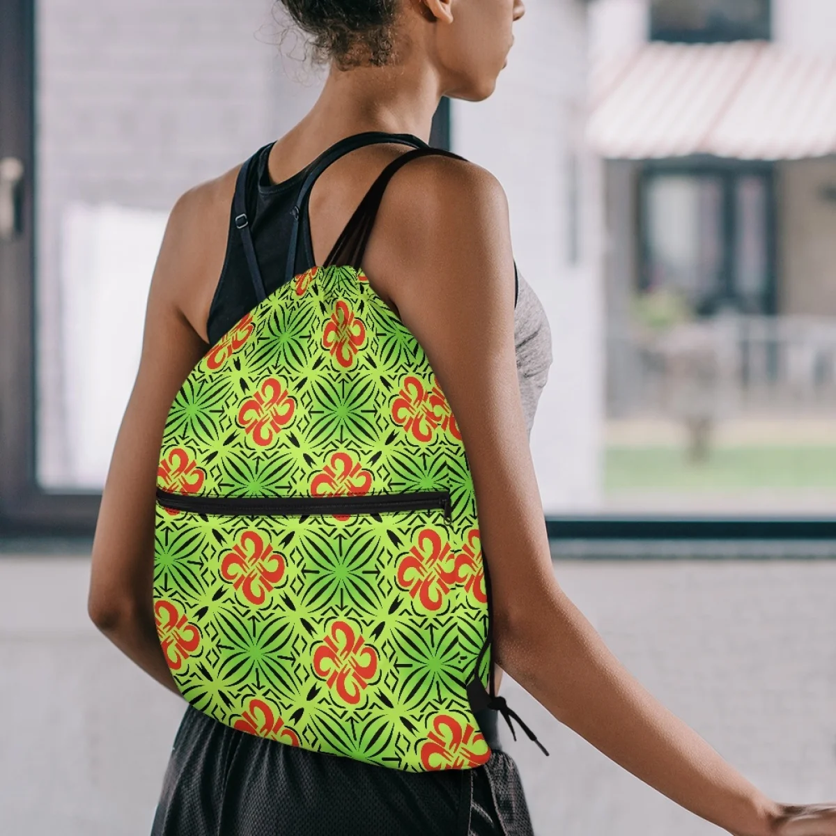 Polynesian Tribal Samoan Tapa Print Drawstring Bag with Zipper Pocket Print Gym Polyester Drawstring Backpack Bag for Unisex