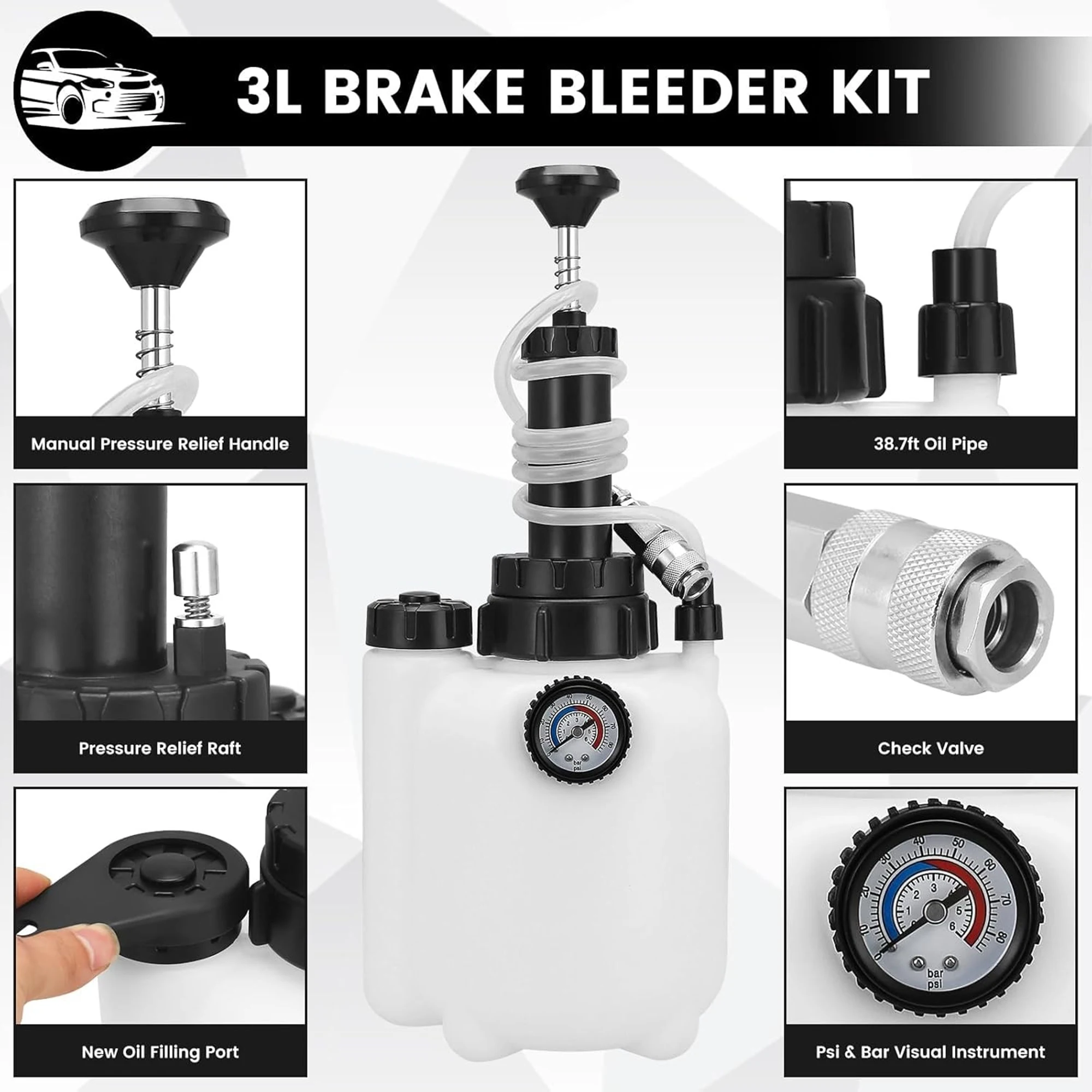 Car Manual Brake Fluid Bleeder Kit 3L Vacuum Brake Pressure Fluid Pump Professional Brake Flush Machine Pneumatic Brake Bleeder