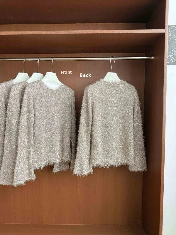 

Новый модный женский топ из трикотажа с блестками, свободного кроя, зимняя коллекция, в корейском стиле, с длинными рукавами, круглым вырезом