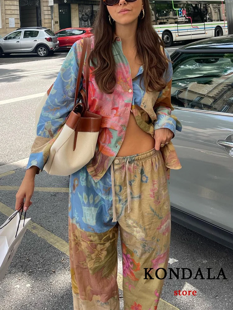 KONDALA Vintage Tie Dye Print Women Suit Single Breasted Blouse Straight Long Loose Pants New Fashion 2023 Summer Boho Sets