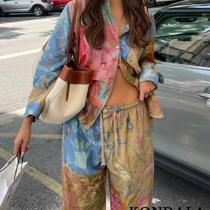 بدلة نسائية ربطة عنق صبغ طباعة بلوزة أحادية الصدر طويلة فضفاضة مستقيمة بنطلون بوهو خمر مجموعة أزياء جديدة صيف 2023 أفضل 12 مجموعة اجتماعية للمبيعات والبلوزات - No8