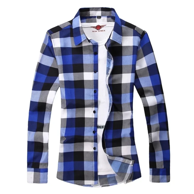 2024 Spring Mens Blouse Blue Gradient Striped Men Dress Shirt Tops Casual Business Plaid Print Long Sleeves