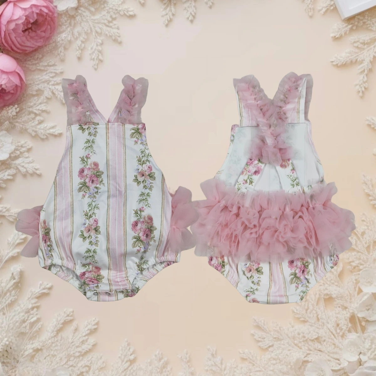 

Summer Newborn Bubble Baby Girl Romper Infant Lace Tulle Sweet Bodysuit Cute Strap Floral Stripe Ruffle Jumpsuit Toddler Clothes