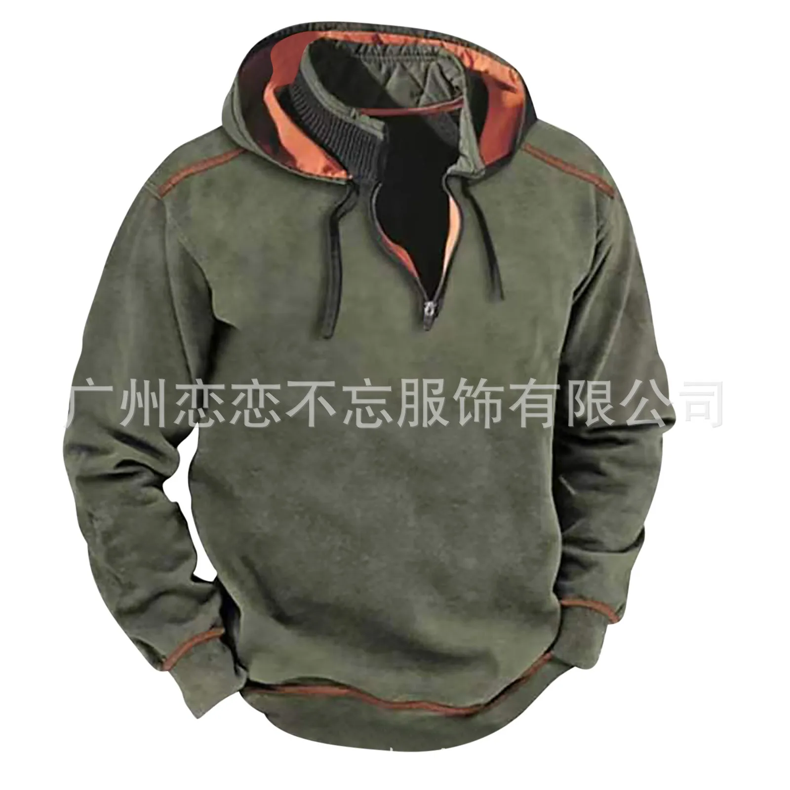 Autumn and Winter New Front Zipper Standing Neck Long Sleeved Contrasting Color Popular Mens Hoodie Street Fashion Set for Men