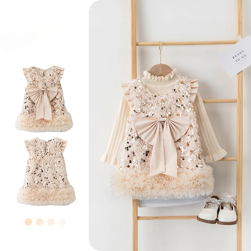 

HOT Baby Girls TUTU Dress Kids Children Vest Dress Bow Sequins Princess Dress Spring Autumn Clothes 2-8 Years