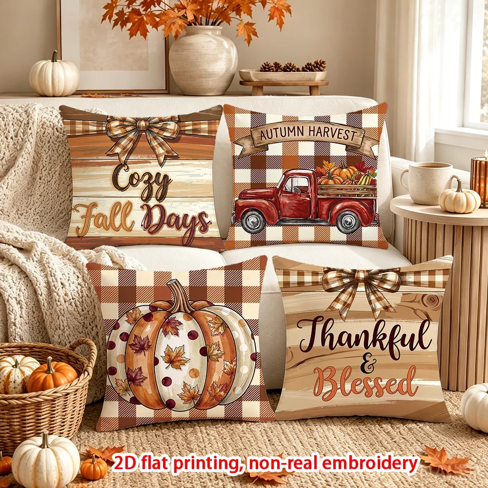 4 Pcs Fall Harvest Thanksgiving Throw Pillow Covers Autumn Pumpkin Decorative Cushion Case for Sofa Couch Farmhouse Home Decor