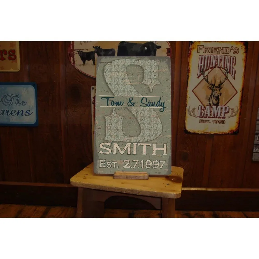 CIFbuy 2D Flat Customizable Metal Plaque,Family Monogram Personalized Names Date Vintage Distressed Wedding Home Wall Decor
