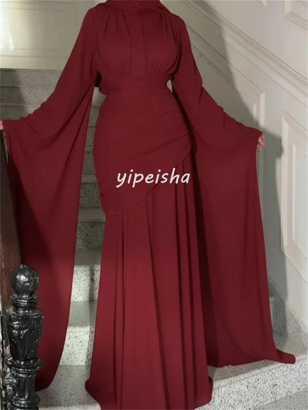 มีขนาดที่กำหนดเองได้ ชุดเดรสยาวผ้าชีฟองเรียบง่าย จับจีบแบบเมอร์เมด คอวี ชุดเดรสสำหรับโอกาสพิเศษ สไตล์จีน