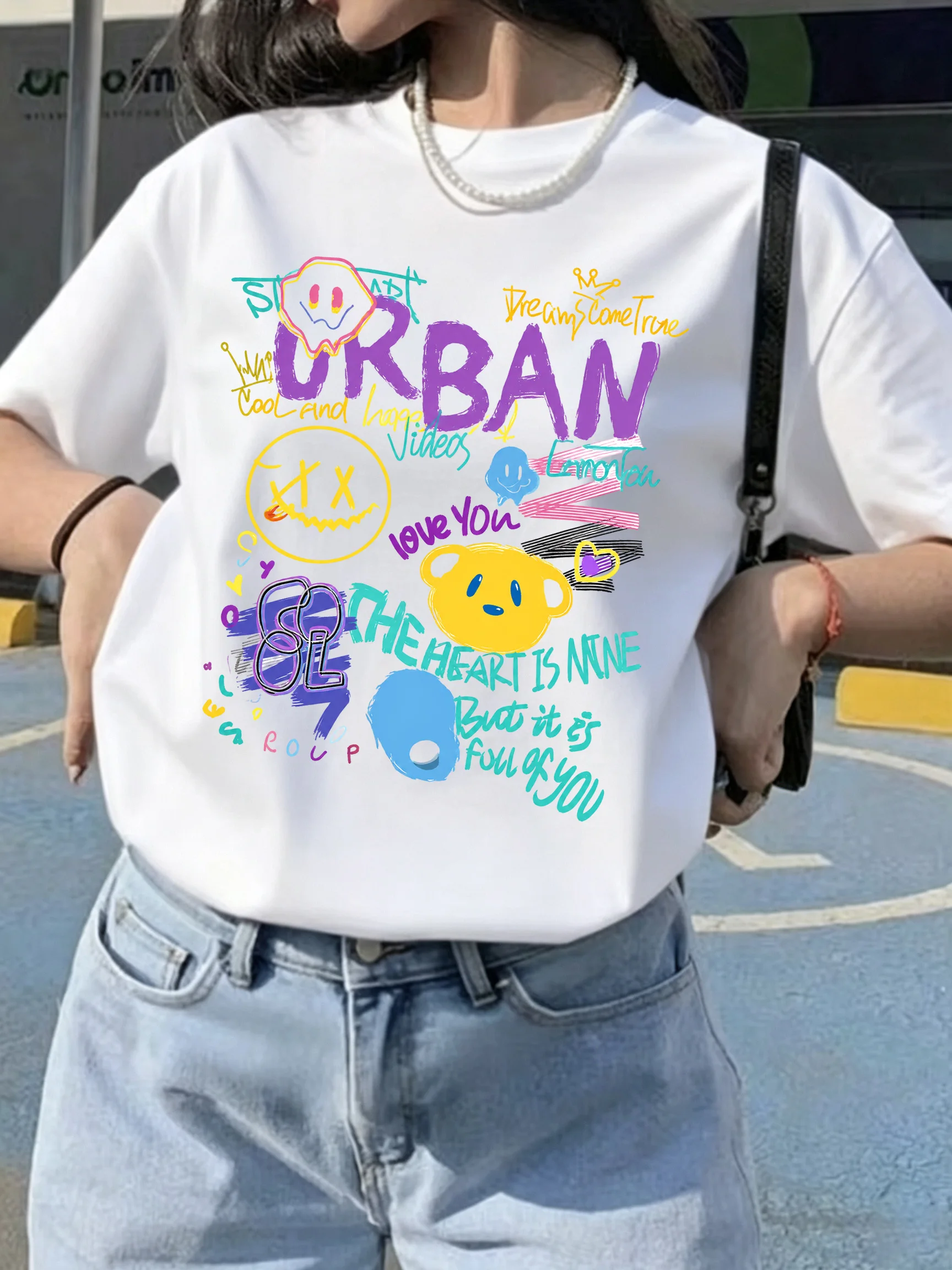 【WZM17781】Large size women's short sleeved T-shirt with cartoon geometric print short sleeved street fashion casual round neck