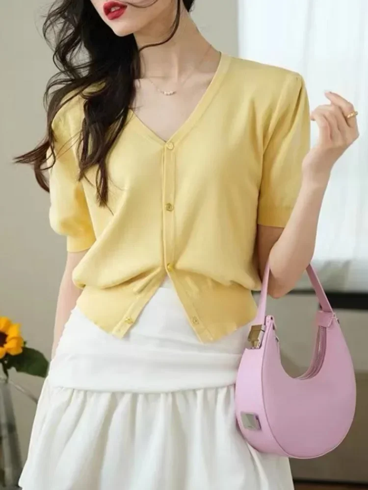 Ropa Mujer-Pull Vintage à Col en V pour Femme, Cardigan Court Chic, Manches Bouffantes, Tunique Sucirculation, Y-Coréen, Doux, 2025