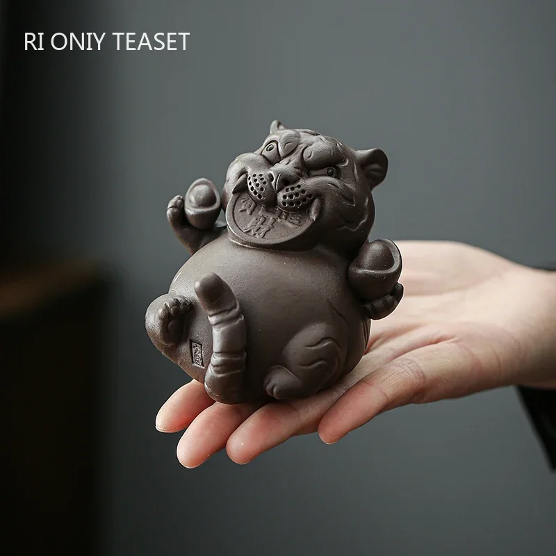 Creative Purple Clay Tea Pet Handmade Zodiac Tiger Ornaments Lucky Animal Statue Tea Figurine Decor Chinese Tea Set Crafts