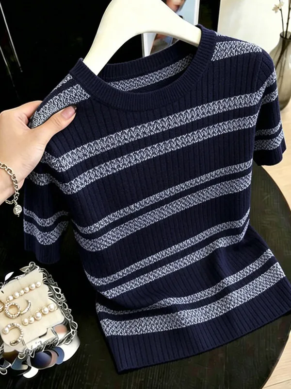 

Color Block Striped Ice Silk T-Shirt Women's plus Size Slimming Fashionable Top Breathable Short Sleeve round Neck Knitted Shirt