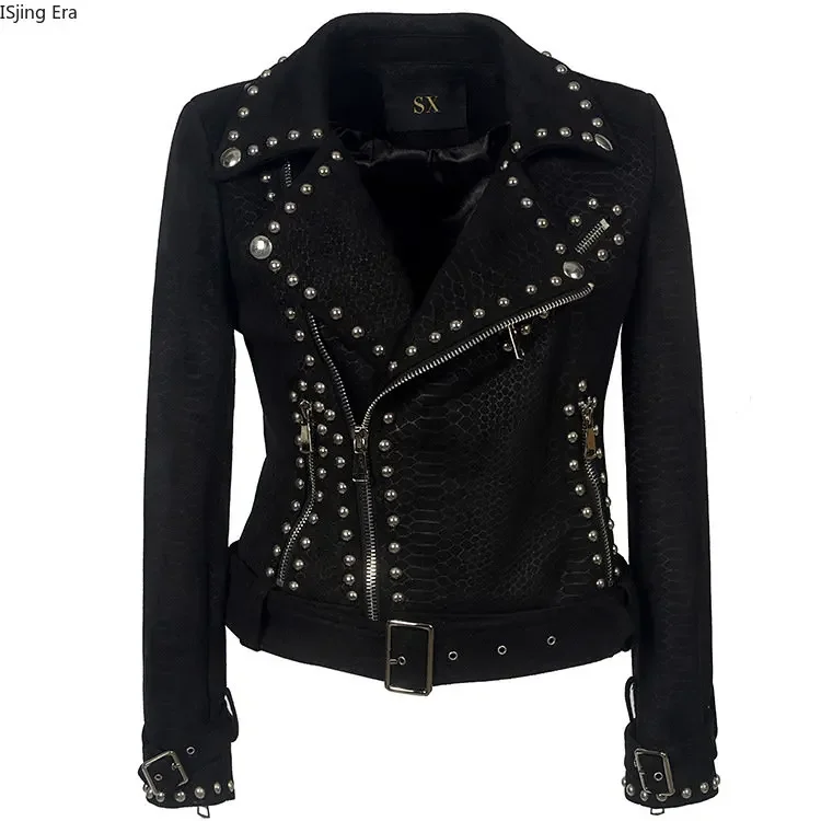 Jaqueta de couro com zíper lapela, Handsome Punk Rivet Deerskin Velvet Jacket, Jaqueta de motocicleta feminina S3