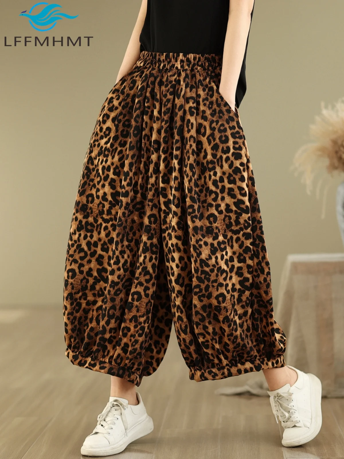 

Good Quality Leopard Women's Elastic Waist Loose Casual Wide Leg Pants Retro Harem Pants Female Ankle Length Streetwear Trousers