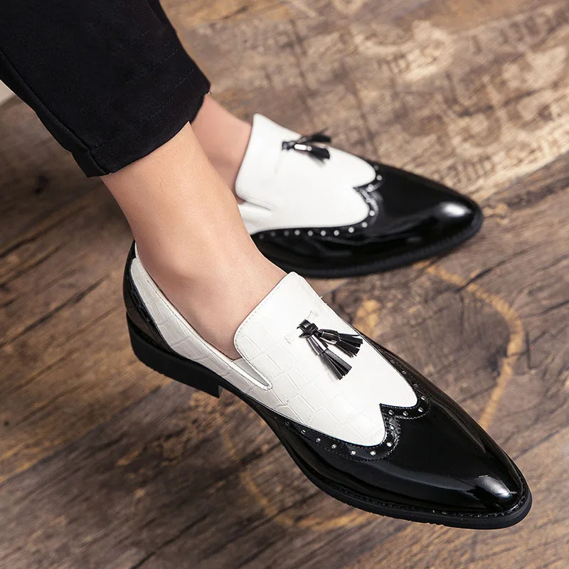 

Large Size Pointed Toe Tassel Formal Leather Shoes Men's Fashion Hairdresser Leather Shoes Crocodile Pattern Wedding Shoes 20412