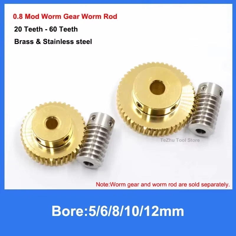 

1Pcs 0.8 Mod Electric Motors Brass Worm Gear 20 Teeth-60 Teeth 303 Stainless Steel Worm Rod 1:20 1:25 1:30 1:35 1:40 1:50 1:60