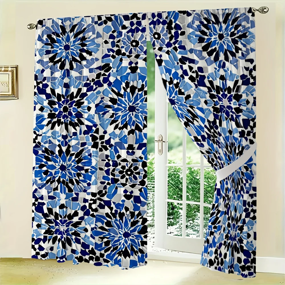 2pcs Islamic Geometric Curtains No Rod — White Base, Blue & Black Zellige-Style Tile Pattern, Sheer Polyester for Living Room