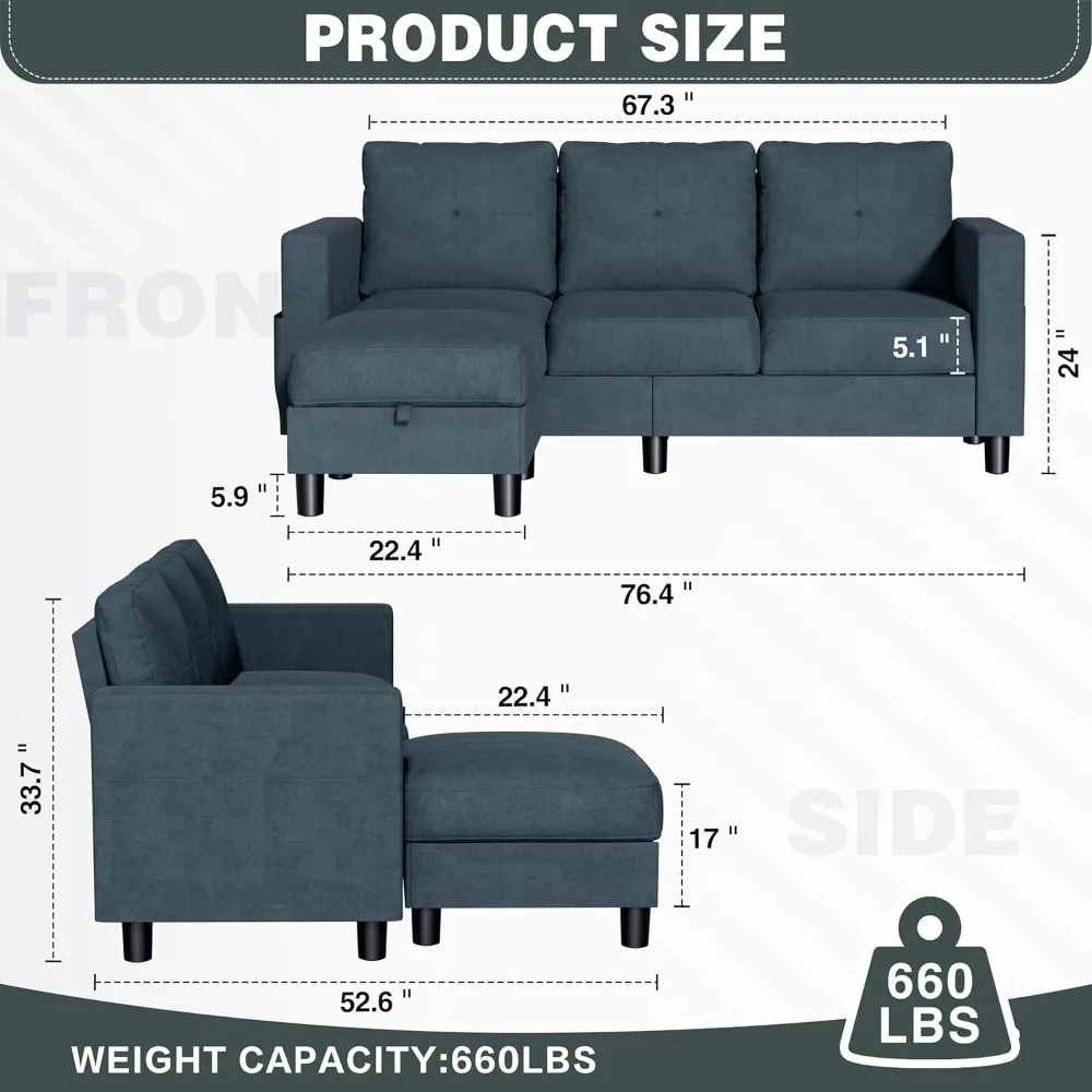 

JY QAQA Convertible Sectional Sofa Couch with 3-Seat Sofa, L-Shaped Ottoman Couch with Modern Linen Fabric for, Customized