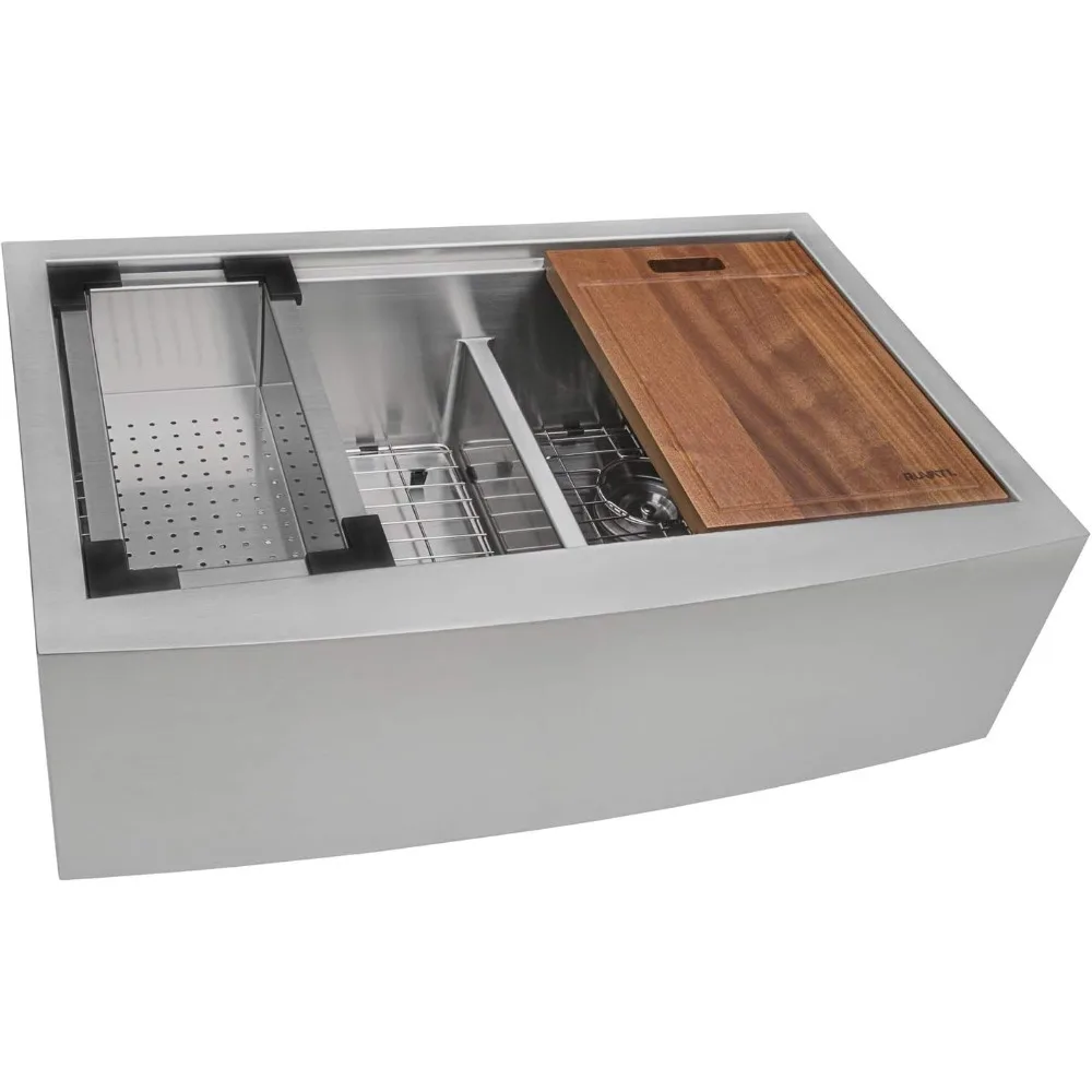 

36-inch Apron-front Workstation Low-Divide Double Bowl 50/50 Farmhouse Kitchen Sink 16 Gauge Stainless Steel - RVH9301