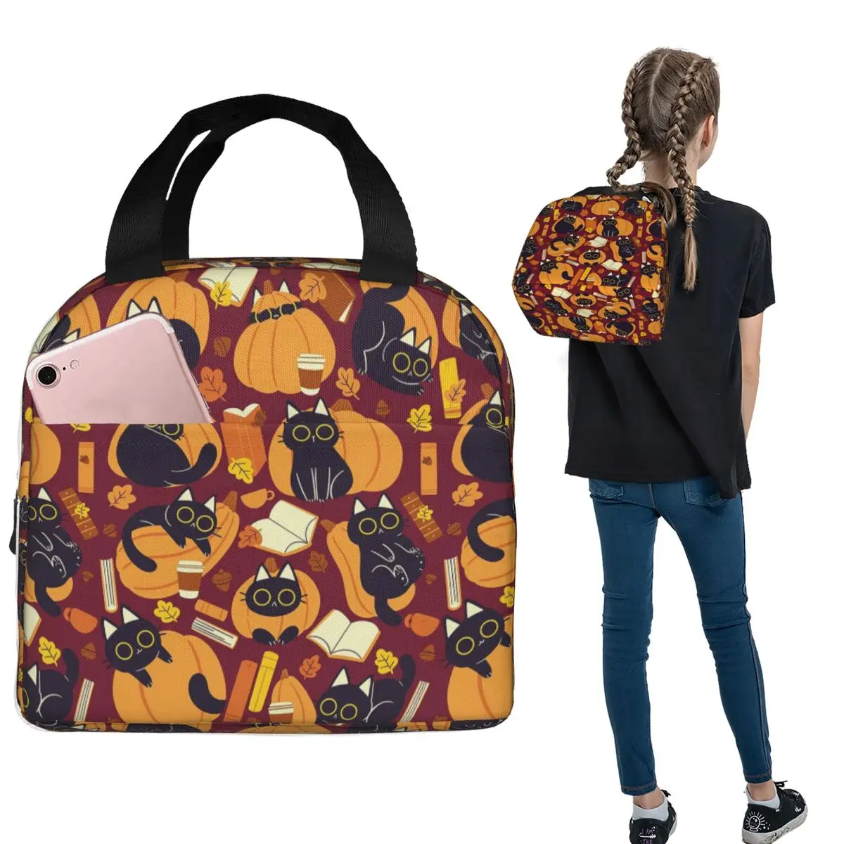Cute Cat Pumpkin And Spider Web Halloween Insulated Lunch Bag for Women Children Portable Food Boxes Thermal Lunch Box Tote
