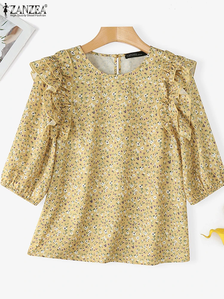 ZANZEA 2025 Bohemian Blouse Women Vintage Floral Printed Tunic Tops Summer Short Sleeve Ruffled Shirts Casual Loose Lady Blusas