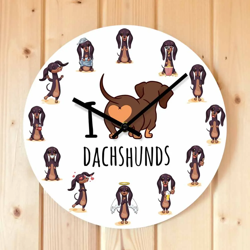 I Love Dachshunds Cartoon Design Wall Clock For Nursery Kids Room Sausage Dog Puppy Pet Wall Art Wiener-Dog Silent Sweep Watch