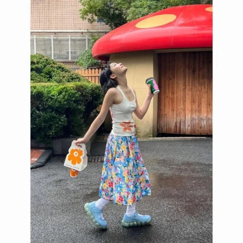 Casual Fashion Floral Print A-line Skirt For Women High Waist Mid-length Faldas Mujer 2025 Summer New All-match Skirts