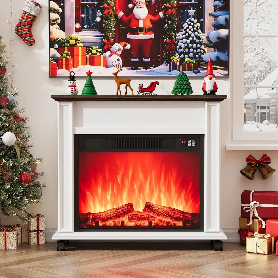 مدفأة كهربائية مع رف المزرعة، مواقد كهربائية، حامل تلفزيون، مدفأة بيضاء، مركز ترفيه مع سخان 23 بوصة