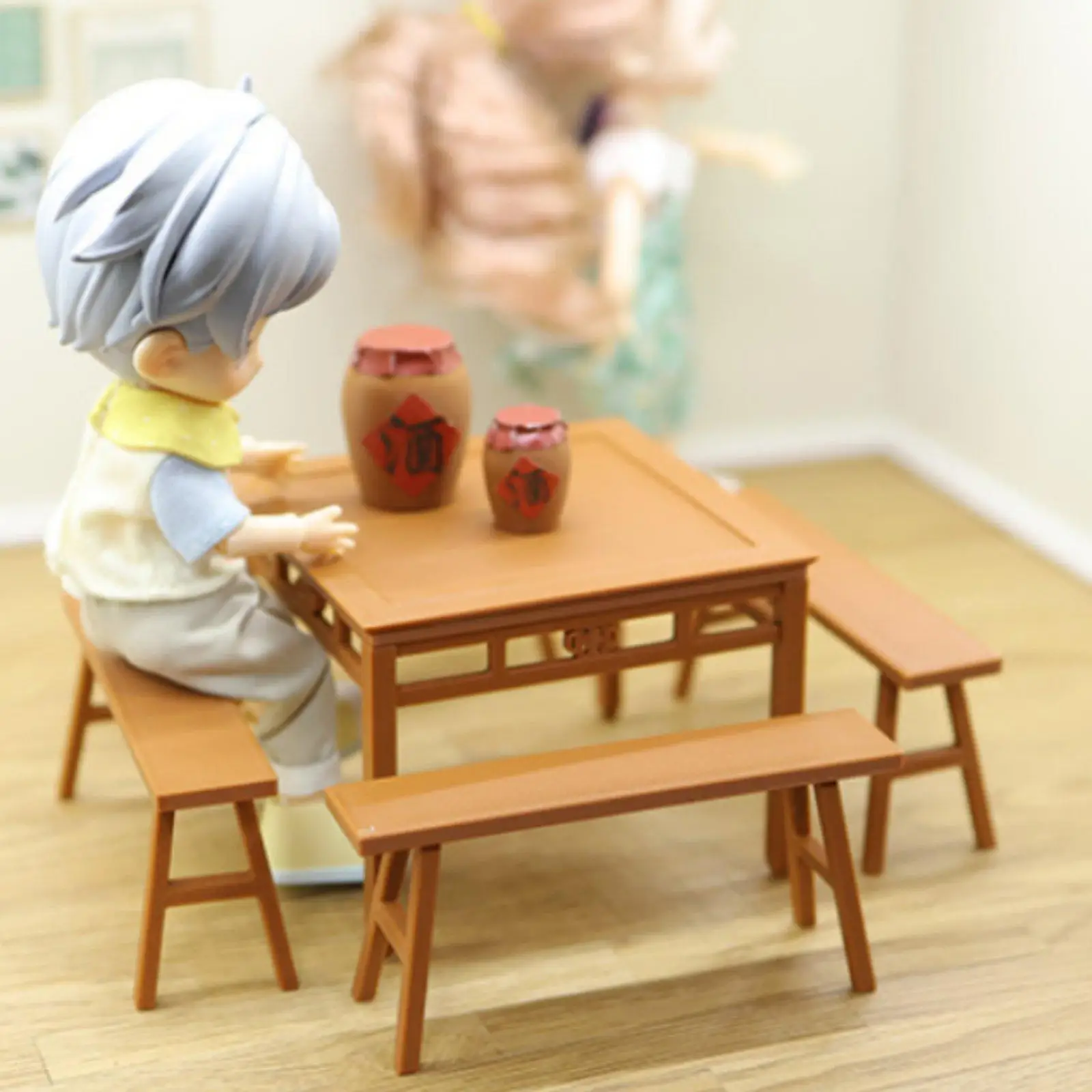 Miniature Long Bench Model Realistic Design Miniature Table and Bench Set Highly Detailed Dollhouse Table and Chair Set for